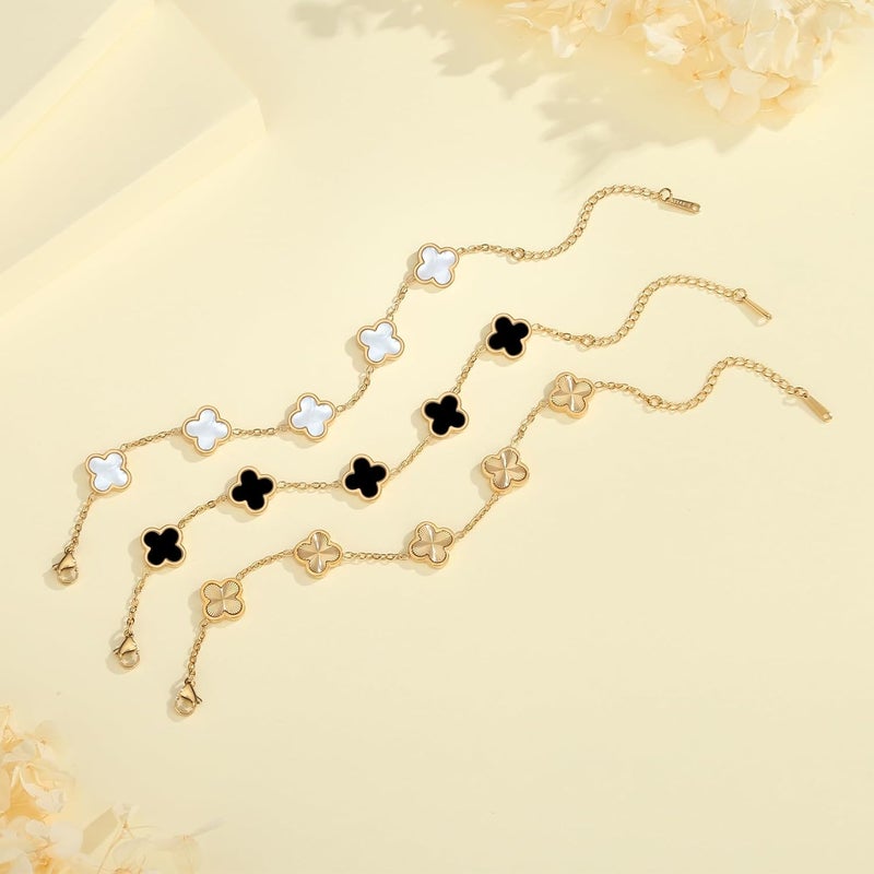 HAITTY 18K Gold Plated Clover Bracelet Set for Women White/Black/Gold/Silver/Green/Pink Adjustable Link Double-Sided Lucky Bracelets Trendy Bracelets Set Jewelry Gifts for Women Men - Image 5
